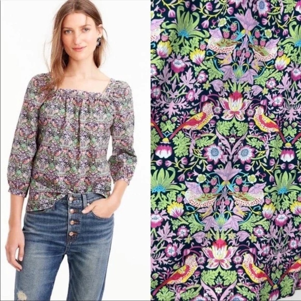 J.Crew X Liberty Penny Floral Bird Square Neckline Peasant Cotton Blouse Size 2